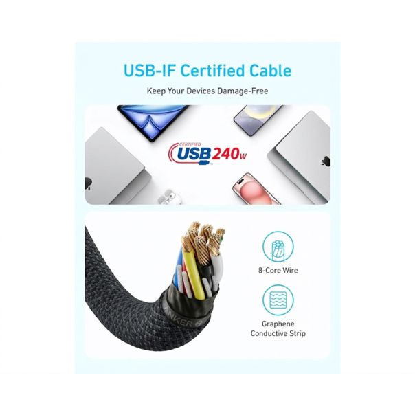 ANKER Kabl Zolo USB tip-C kabl M/M 1m, super brzo punjenje 240W, pleteni, crni - EP2948009