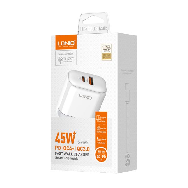 LDNIO Kućni punjač A2526C Fast 3A/45W PD+QC3.0 Type C-Type C, bela - P1089