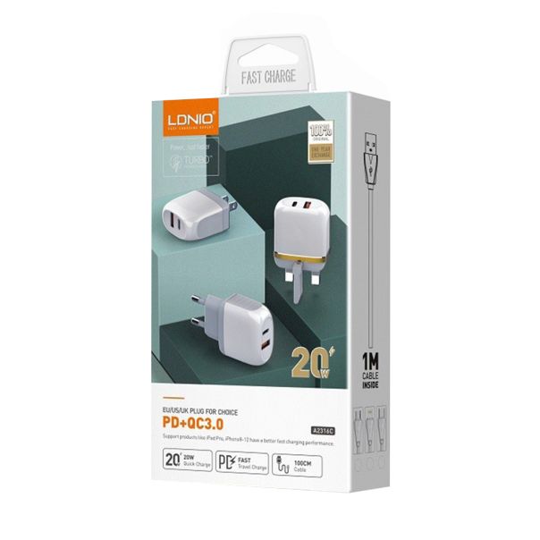 LDNIO Kućni punjač A2316C 2xUSB 20W Type-C na Lightning, bela - P1125