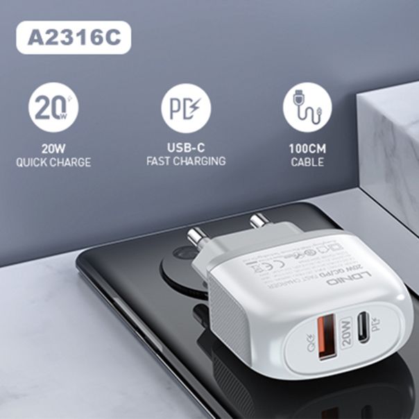 LDNIO Kućni punjač A2316C 2xUSB 20W Type-C na Lightning, bela - P1125