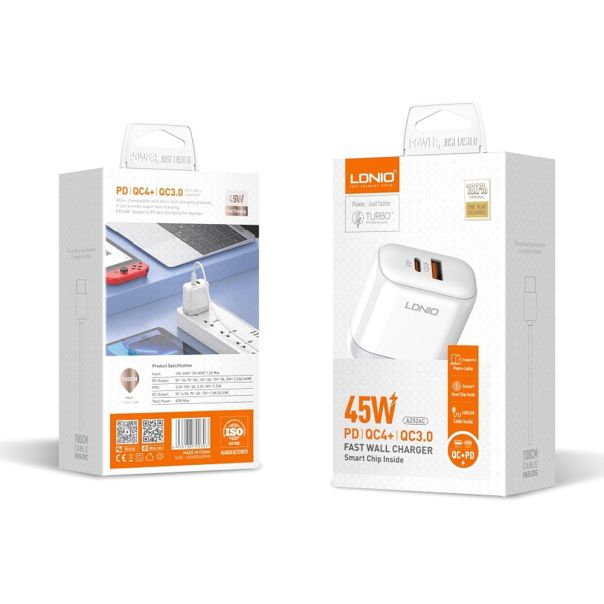 LDNIO Kućni punjač A2526C Fast 3A/45W PD QC3.0 Type-C, bela - P1140