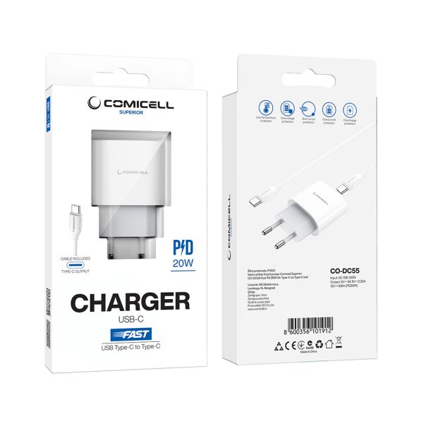 COMICELL Punjač Superior CO-DC55 Fast PD 20W 3A Type-C na Type-C, bela - P1200