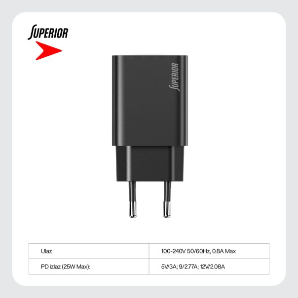SUPERIOR Kućni punjač SU-P103 Super Fast PD 25W 3A Type C, crna - P1209