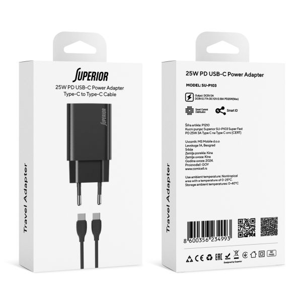 SUPERIOR Kućni punjač SU-P103 Super Fast PD 25W 3A Type C na Type C, crna - P1210