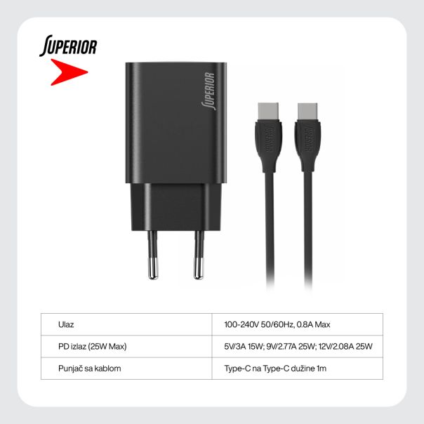 SUPERIOR Kućni punjač SU-P103 Super Fast PD 25W 3A Type C na Type C, crna - P1210