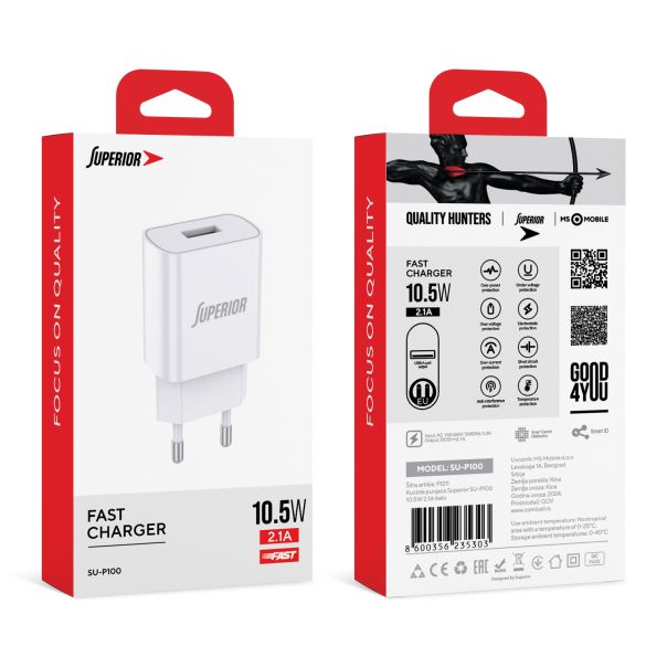 SUPERIOR Kućni punjač SU-P100 10.5W 2.1A, bela - P1211