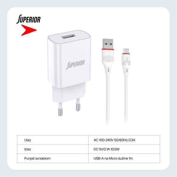SUPERIOR Kućni punjač SU-P100 10.5W 2.1A Micro, bela - P1212