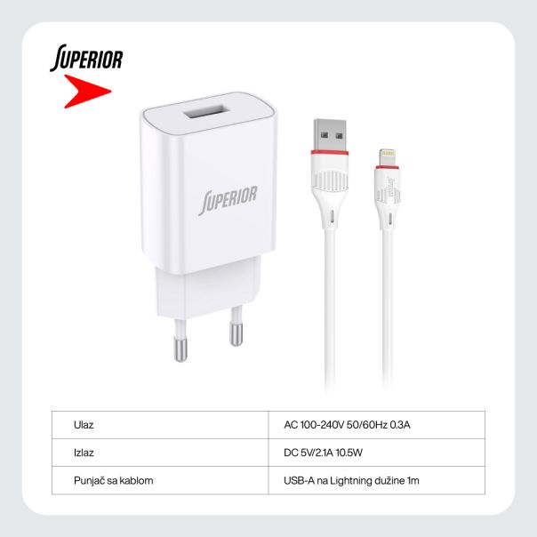 SUPERIOR Kućni punjač SU-P100 10.5W 2.1A Lightning, bela - P1213