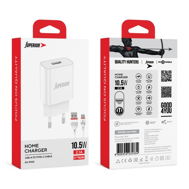 SUPERIOR Kućni punjač SU-P100 10.5W 2.1A Type C, bela - P1214