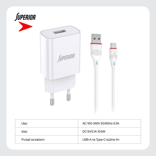 SUPERIOR Kućni punjač SU-P100 10.5W 2.1A Type C, bela - P1214