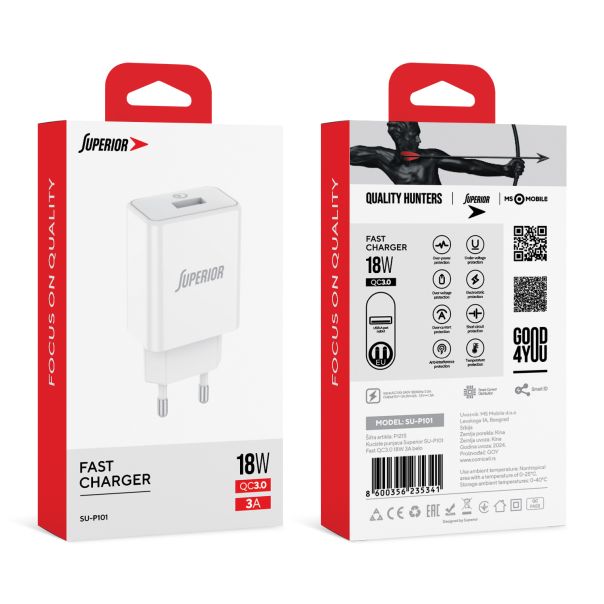 SUPERIOR Kućni punjač SU-P101 Fast QC3.0 18W 3A, bela - P1215
