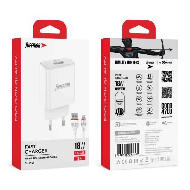 SUPERIOR Kućni punjač SU-P101 Fast QC3.0 18W 3A Lightning, bela - P1217