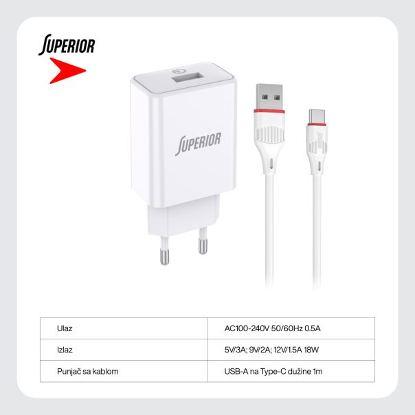 SUPERIOR Kućni punjač SU-P101 Fast QC3.0 18W 3A Type C, bela - P1218
