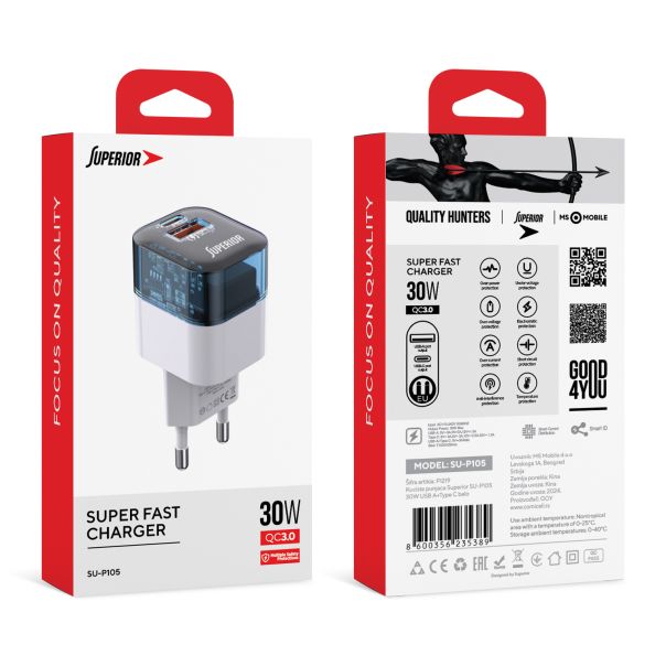SUPERIOR Kućni punjač SU-P105 30W USB A+Type C, bela - P1219