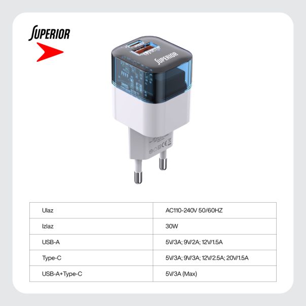SUPERIOR Kućni punjač SU-P105 30W USB A+Type C, bela - P1219
