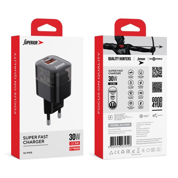 SUPERIOR Kućni punjač SU-P105 30W USB A+Type C, crna - P1220