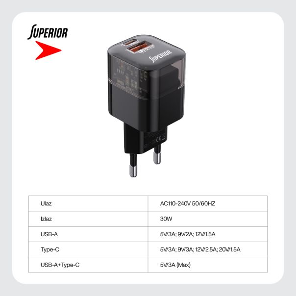 SUPERIOR Kućni punjač SU-P105 30W USB A+Type C, crna - P1220