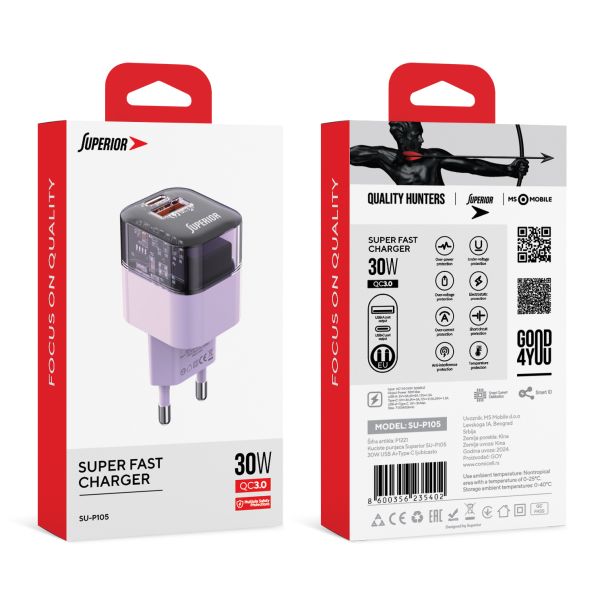 SUPERIOR Kućni punjač SU-P105 30W USB A+Type C, ljubičasta - P1221