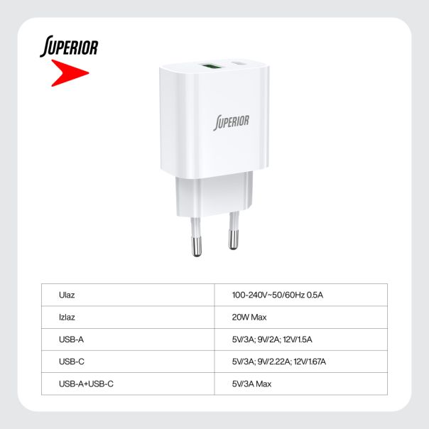SUPERIOR Kućni punjač SU-P102 20W USB A+Type C, bela - P1222