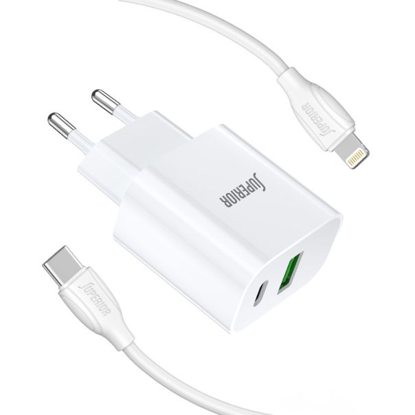 SUPERIOR Kućni punjač SU-P102 20W USB A+Type C sa Type C na Lightning kablom, bela - P1223