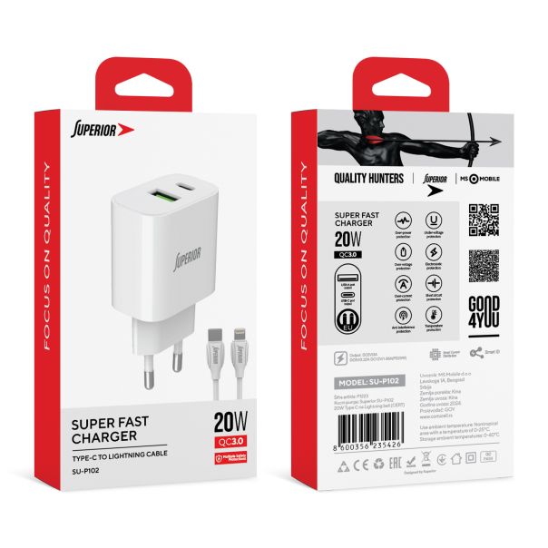 SUPERIOR Kućni punjač SU-P102 20W USB A+Type C sa Type C na Lightning kablom, bela - P1223