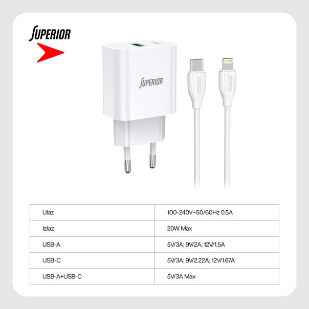 SUPERIOR Kućni punjač SU-P102 20W USB A+Type C sa Type C na Lightning kablom, bela - P1223