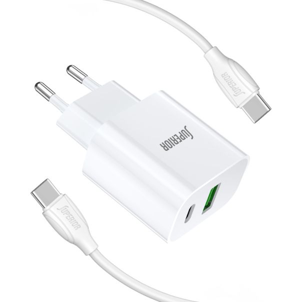 SUPERIOR Kućni punjač SU-P102 20W USB A+Type C sa Type C na Type C kablom, bela - P1224