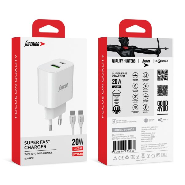 SUPERIOR Kućni punjač SU-P102 20W USB A+Type C sa Type C na Type C kablom, bela - P1224