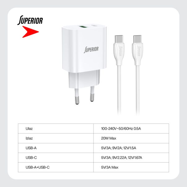 SUPERIOR Kućni punjač SU-P102 20W USB A+Type C sa Type C na Type C kablom, bela - P1224