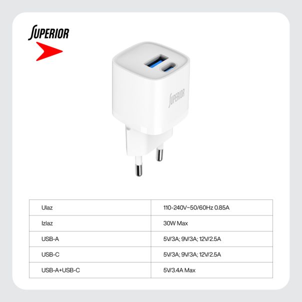 SUPERIOR Kućni punjač SU-P104 30W GaN USB A+Type C, bela - P1225