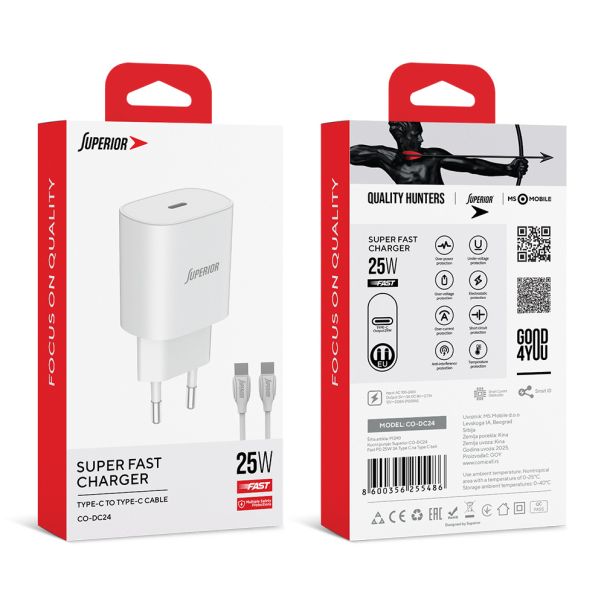 SUPERIOR Kućni punjač CO-DC24 Fast PD 25W 3A Type C na Type C, bela - P1240