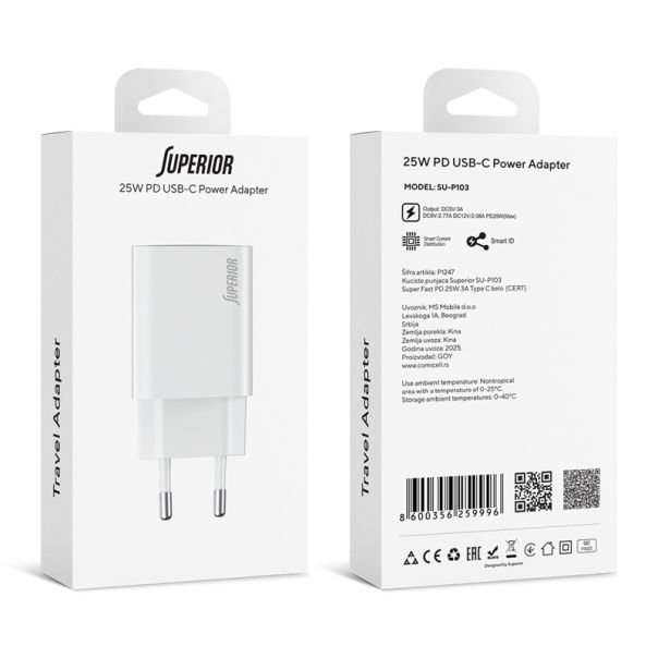 SUPERIOR Kućište punjača SU-P103 Super Fast PD 25W 3A Type C, bela - P1247