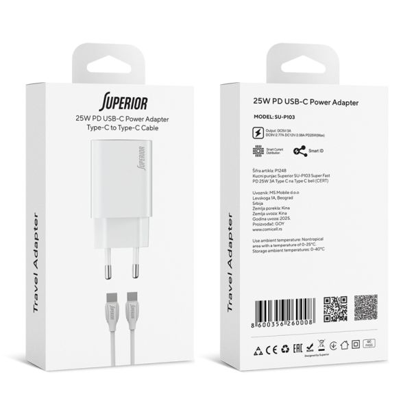 SUPERIOR Kućni punjač SU-P103 Super Fast PD 25W 3A Type C na Type C, bela - P1248