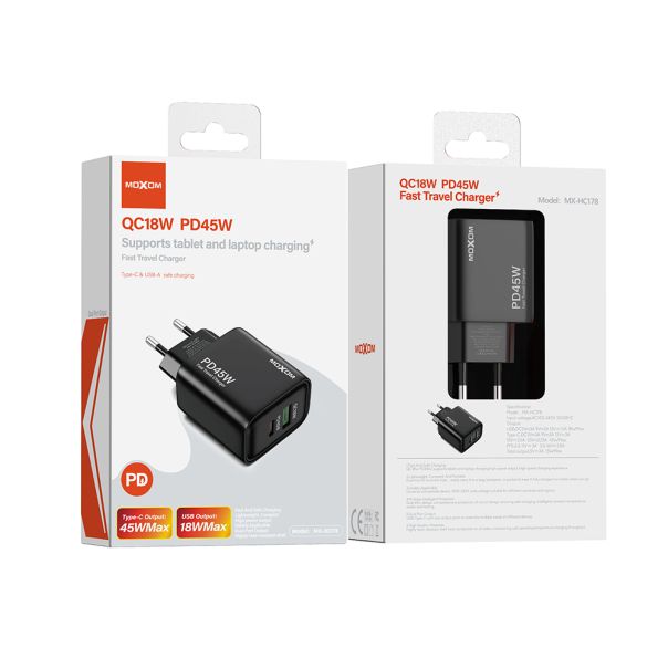 MOXOM Punjač MX-HC178 USB+Type-C QC18W PD45W, crna - P1250