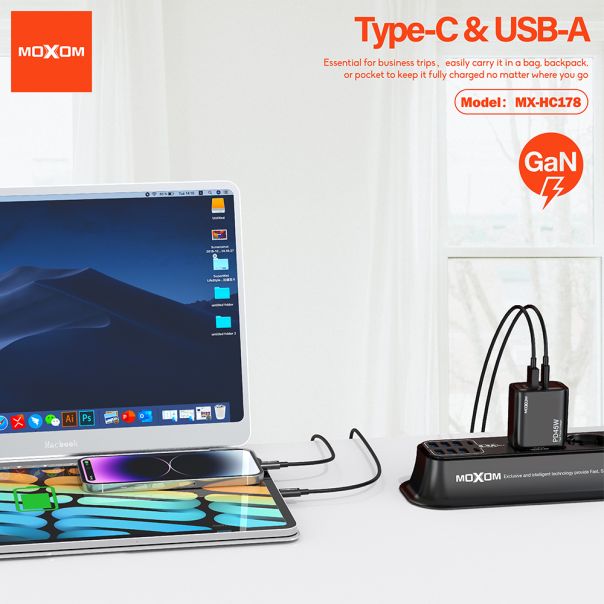 MOXOM Punjač MX-HC178 USB+Type-C QC18W PD45W, crna - P1250