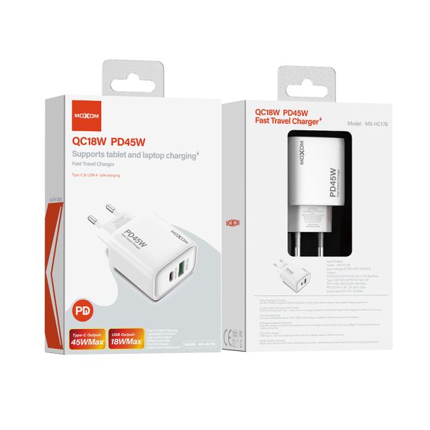MOXOM Punjač MX-HC178 USB+Type-C QC18W PD45W, bela - P1251