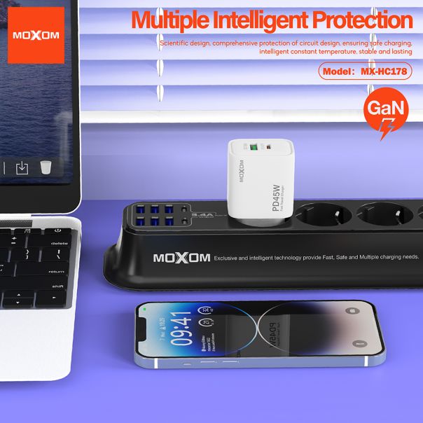 MOXOM Punjač MX-HC178 USB+Type-C QC18W PD45W, bela - P1251