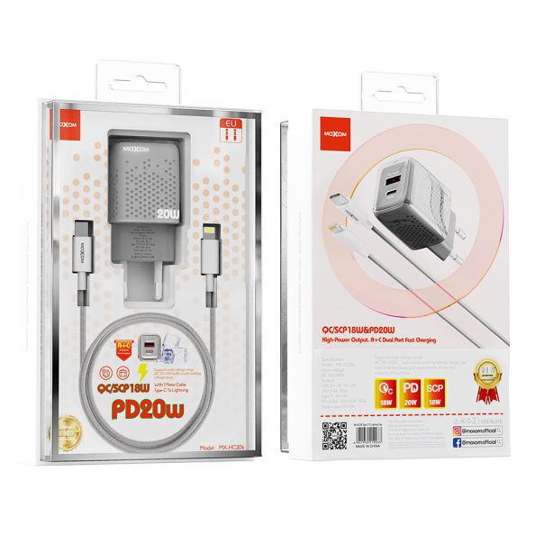 MOXOM Kućni punjač MX-HC206 18W FAST Type C na lightning, siva - P1255