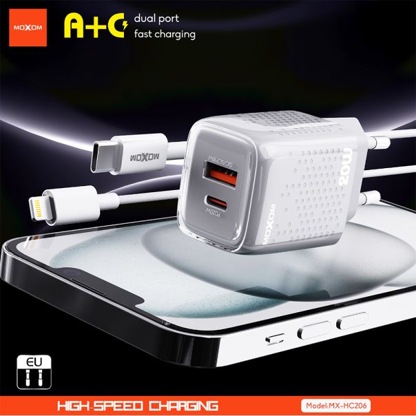 MOXOM Kućni punjač MX-HC206 18W FAST Type C na lightning, siva - P1255