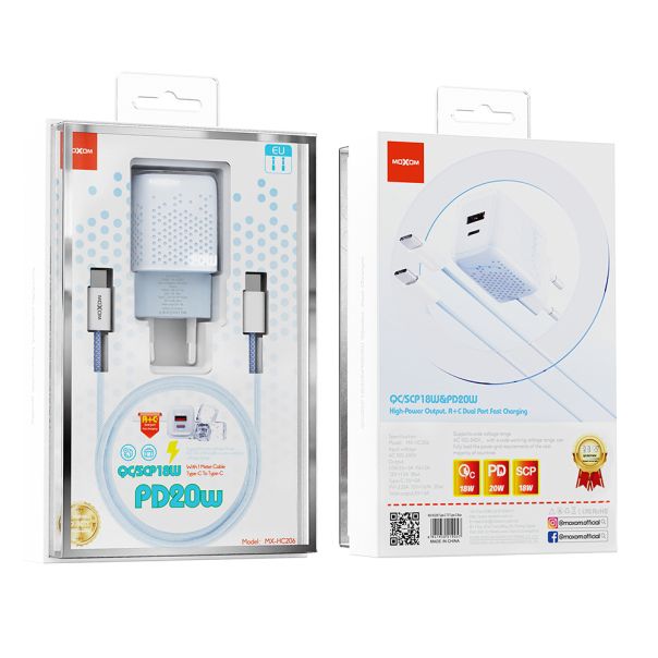 MOXOM Kućni punjač MX-HC206 18W FAST Type C na Type C, plava - P1259
