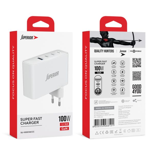 SUPERIOR Punjač SU-10001ACCC 100W 5A GaN Fast PD + USB, bela - P1263