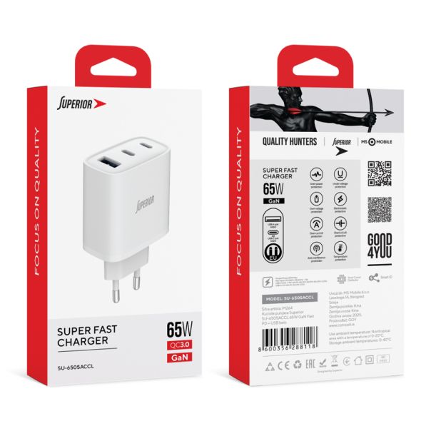 SUPERIOR Punjač SU-6505ACCL 65W 3A GaN Fast PD + USB, bela - P1264