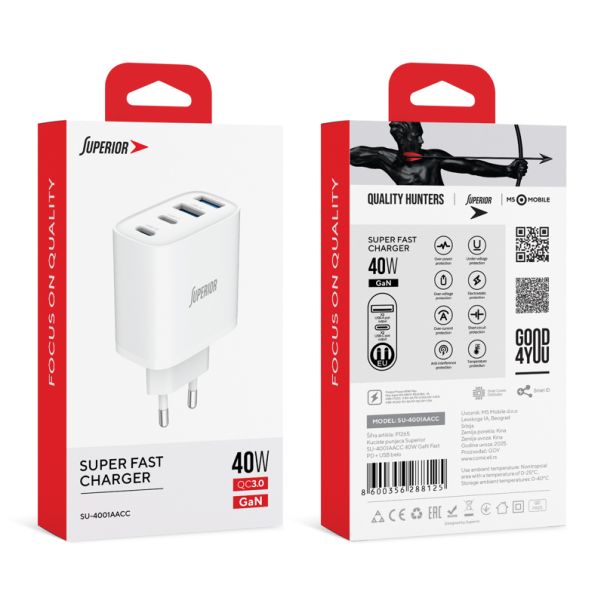 SUPERIOR Punjač SU-4001AACC 40W 3A GaN Fast PD + USB, bela - P1265