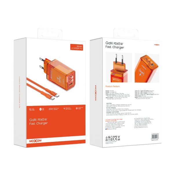 Kućni punjač MOXOM LX-HC824 65W PD Type C na Type C narandzasti - EP2942608