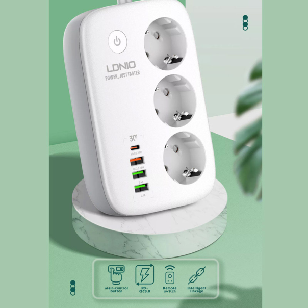 Pametni produzni kabel LDNIO SEW3452 3xutičnice + 3xUSB + 1xUSB-C bela - 613488