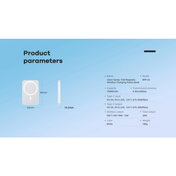 REMAX Power bank Magsafe Usion Series RPP-65 PD 20W + QC 15W Fast Charging 10000mAh pink - 215573