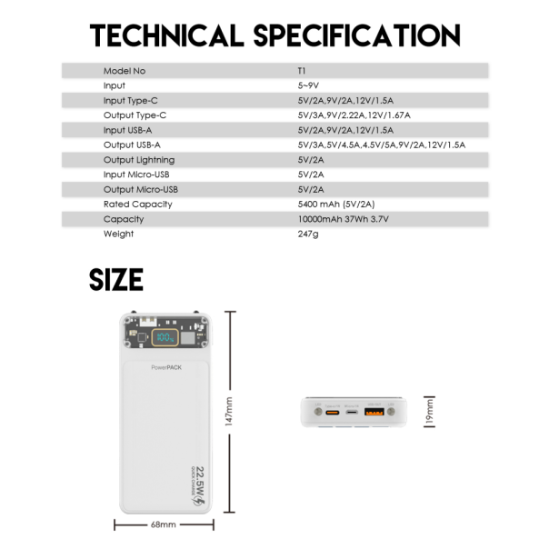 Power bank Prenosiva baterija Fantech T1 10000mAh QC, PD, 22.5W  beli - 220835