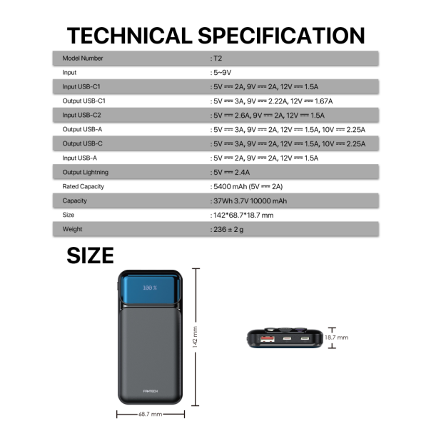 Power bank Prenosiva baterija Fantech T2 10000mAh QC, PD, 22.5W  beli - 220837