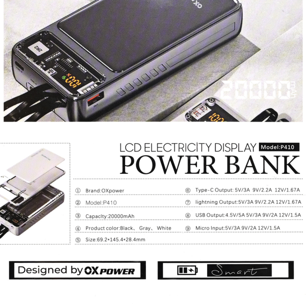 Power bank prenosiva baterija Oxpower P410 PD QC 22.5W 20000mAh crna - 216794