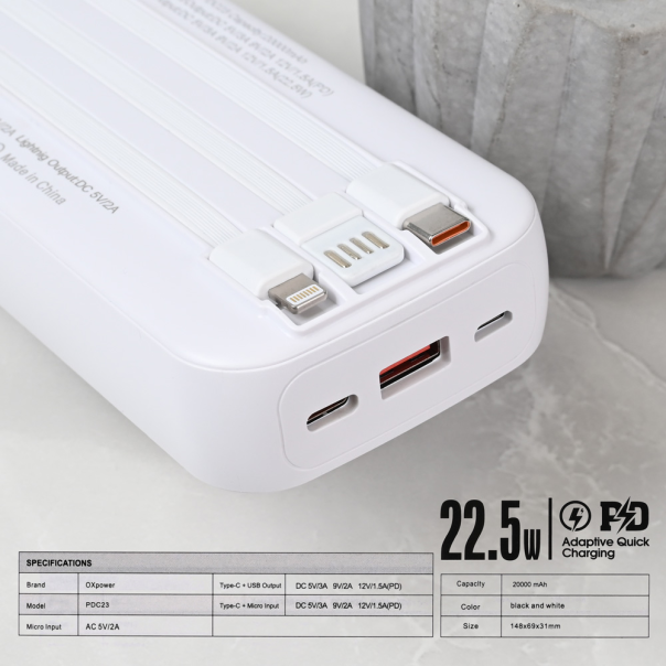 Power bank prenosiva baterija Oxpower PDC23 20000mAh bela - 221103